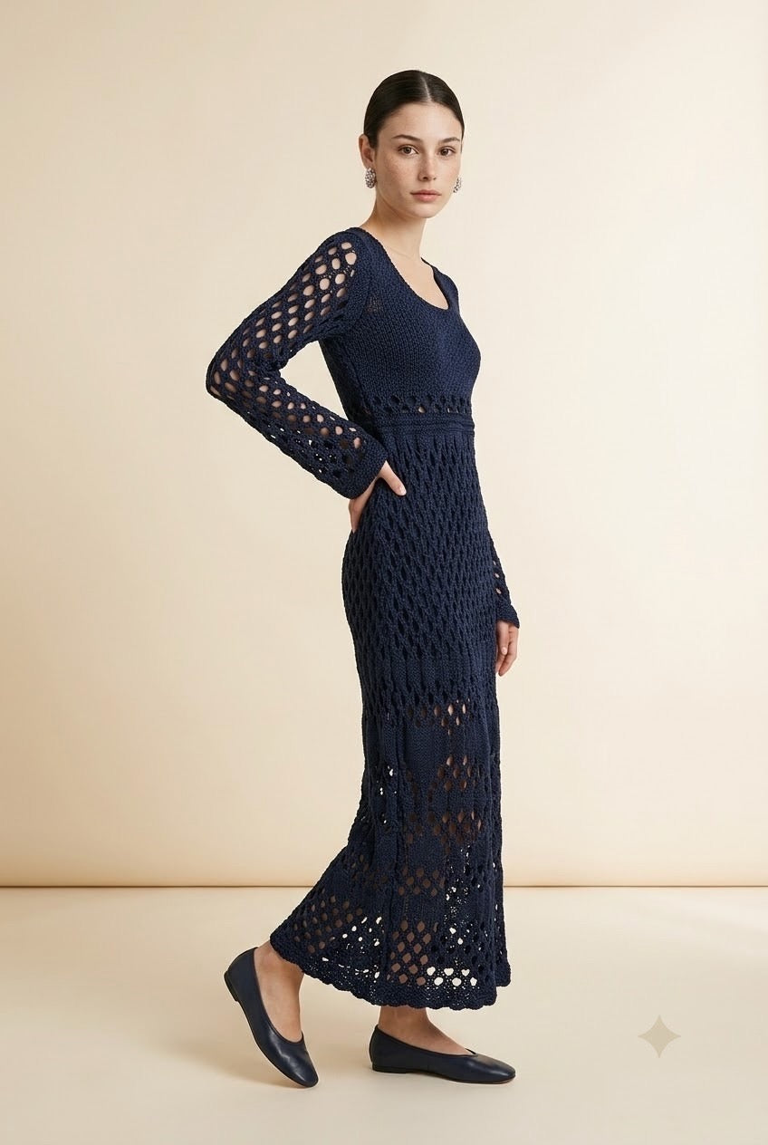 Gaia Openwork Crochet Knit Bell Sleeve Midi Dress in Navy | Casa Maly