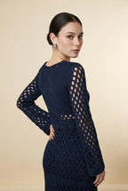 Gaia Openwork Crochet Knit Bell Sleeve Midi Dress in Navy | Casa Maly