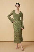 Gaia Openwork Crochet Knit Bell Sleeve Midi Dress in Green | Casa Maly