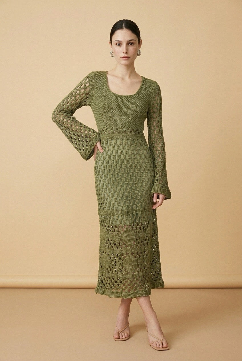 Gaia Openwork Crochet Knit Bell Sleeve Midi Dress in Green | Casa Maly