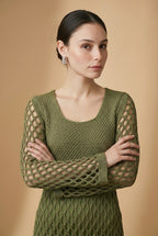 Gaia Openwork Crochet Knit Bell Sleeve Midi Dress in Green | Casa Maly