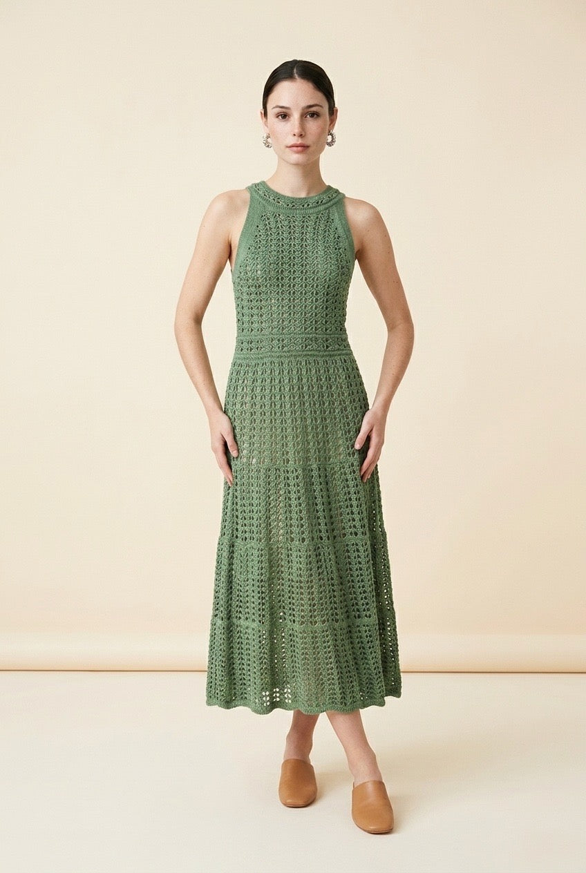 Jackie Tiered Pointelle Crochet Knit Halter Midi Dress in Green | Casa Maly