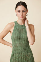 Jackie Tiered Pointelle Crochet Knit Halter Midi Dress in Green | Casa Maly