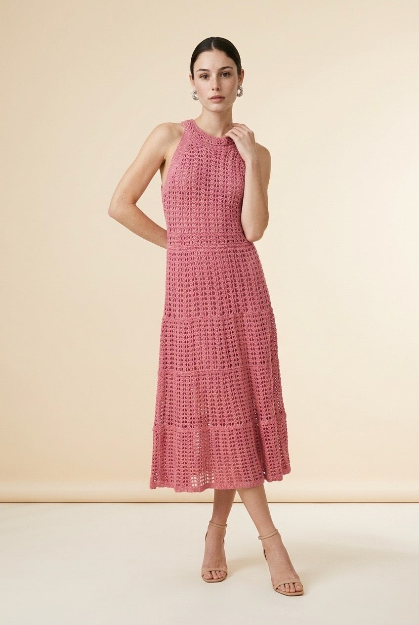 Jackie Tiered Pointelle Crochet Knit Halter Midi Dress in Pink | Casa Maly