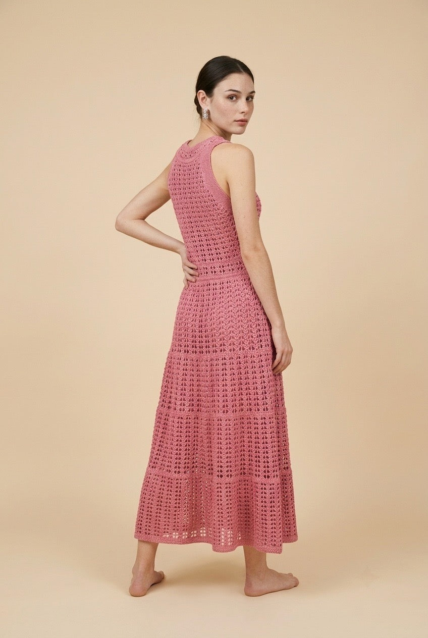 Jackie Tiered Pointelle Crochet Knit Halter Midi Dress in Pink | Casa Maly