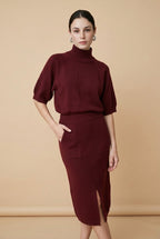 Cashmere Mock-Neck Short-Sleeve Top and Midi Skirt Set in Red | Casa Maly