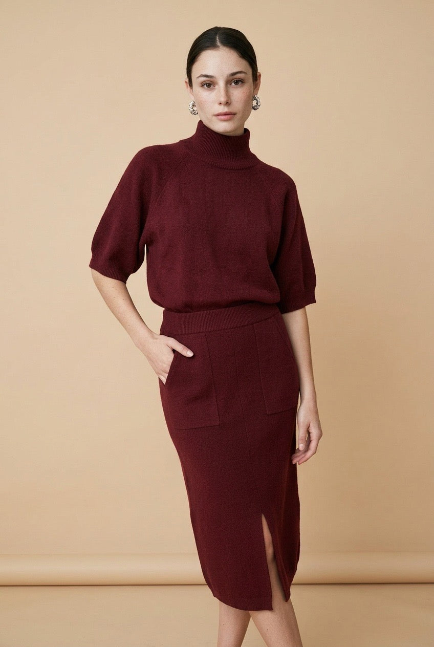 Cashmere Mock-Neck Short-Sleeve Top and Midi Skirt Set in Red | Casa Maly