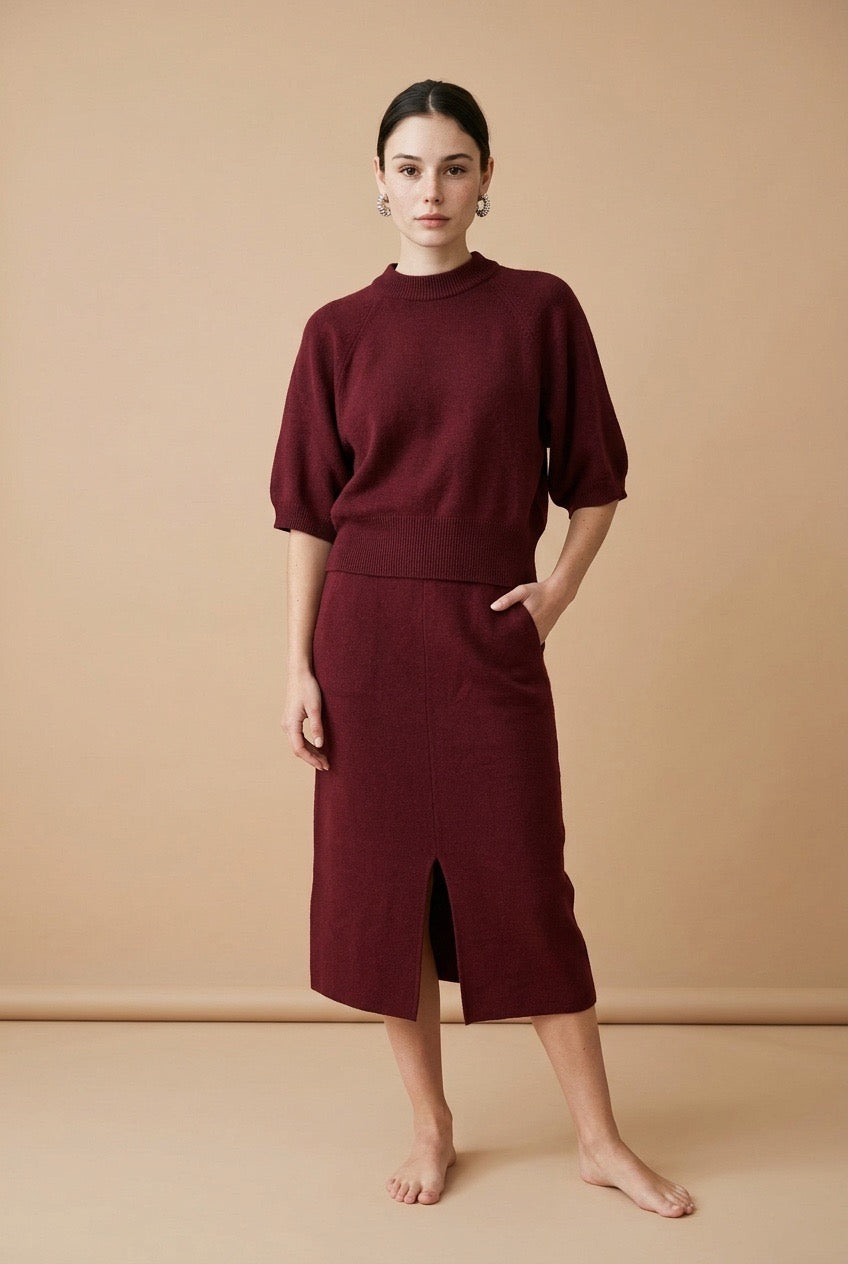 Cashmere Mock-Neck Short-Sleeve Top and Midi Skirt Set in Red | Casa Maly