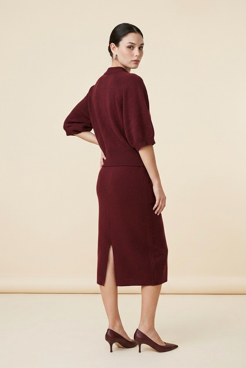 Cashmere Mock-Neck Short-Sleeve Top and Midi Skirt Set in Red | Casa Maly