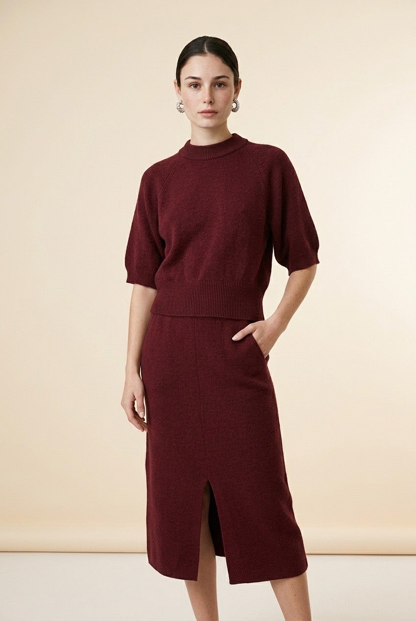 Cashmere Mock-Neck Short-Sleeve Top and Midi Skirt Set in Red | Casa Maly