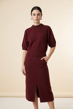 Cashmere Mock-Neck Short-Sleeve Top and Midi Skirt Set in Red | Casa Maly