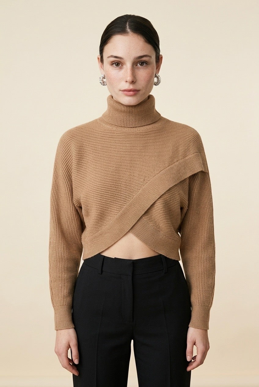 Nova Crossover High-Neck Knit Sweater in Nude | Casa Maly