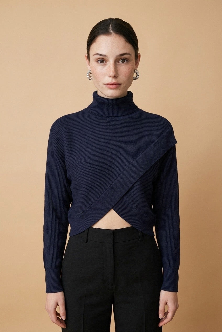 ova Crossover High-Neck Knit Sweater in Navy | Casa Maly