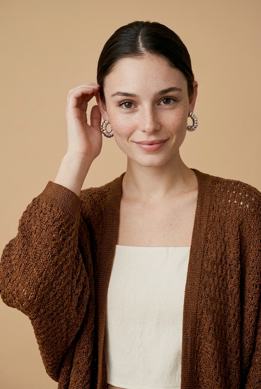 Kimono Open-Knit Slouchy Wide-Sleeve Top in Dark Brown | Casa Maly