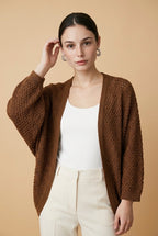 Kimono Open-Knit Slouchy Wide-Sleeve Top in Dark Brown | Casa Maly