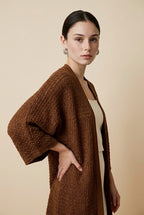 Kimono Open-Knit Slouchy Wide-Sleeve Top in Dark Brown | Casa Maly