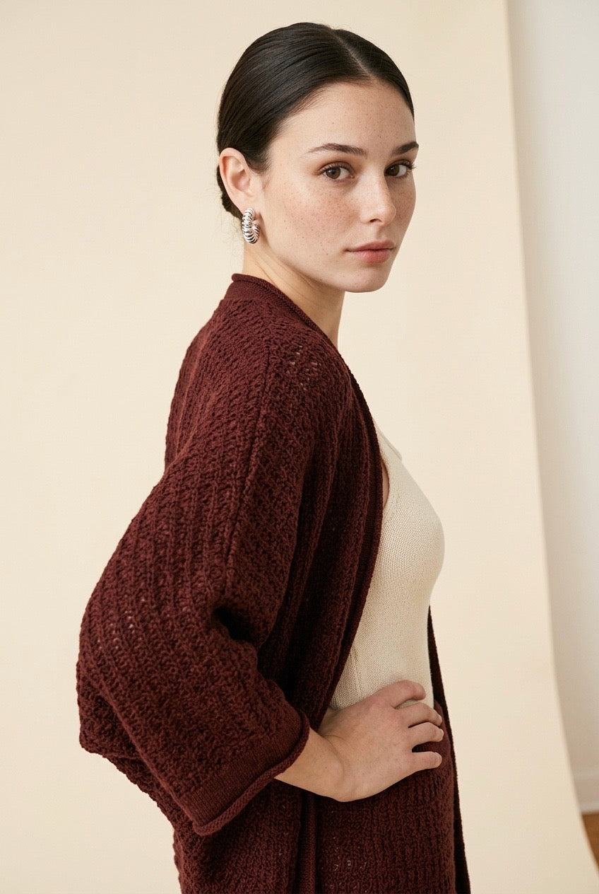 Kimono Open-Knit Slouchy Wide-Sleeve Top in Red | Casa Maly