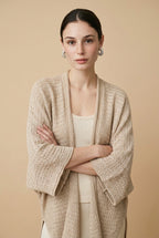 Kimono Open-Knit Slouchy Wide-Sleeve Top in Beige | Casa Maly