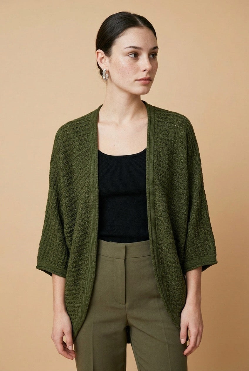 Kimono Open-Knit Slouchy Wide-Sleeve Top in Green | Casa Maly