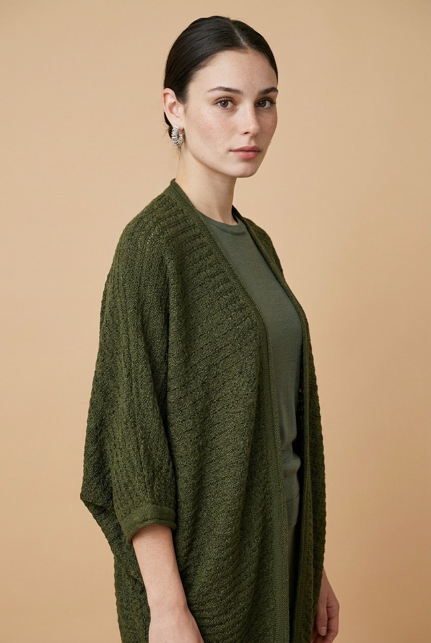 Kimono Open-Knit Slouchy Wide-Sleeve Top in Green | Casa Maly