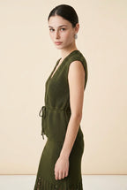 Aura Openwork Crochet Wrap Vest and Midi Skirt Set in Olive Green | Casa Maly