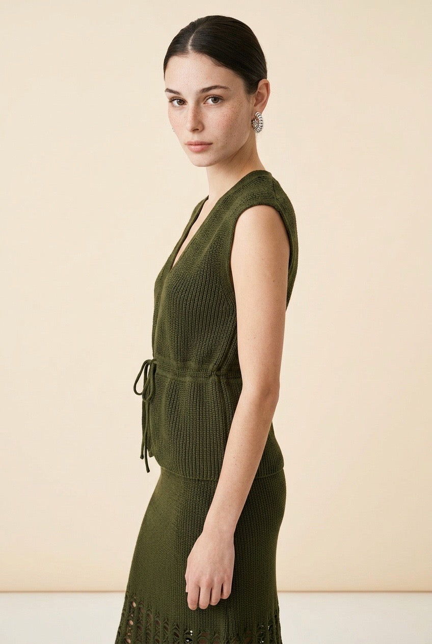 Aura Openwork Crochet Wrap Vest and Midi Skirt Set in Olive Green | Casa Maly