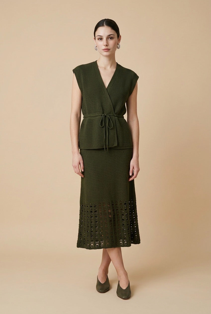 Aura Openwork Crochet Wrap Vest and Midi Skirt Set in Olive Green | Casa Maly