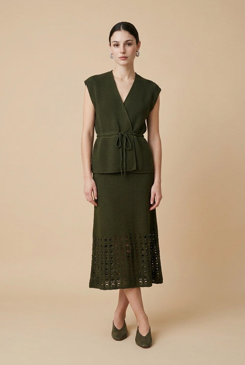 Aura Openwork Crochet Wrap Vest and Midi Skirt Set in Olive Green | Casa Maly