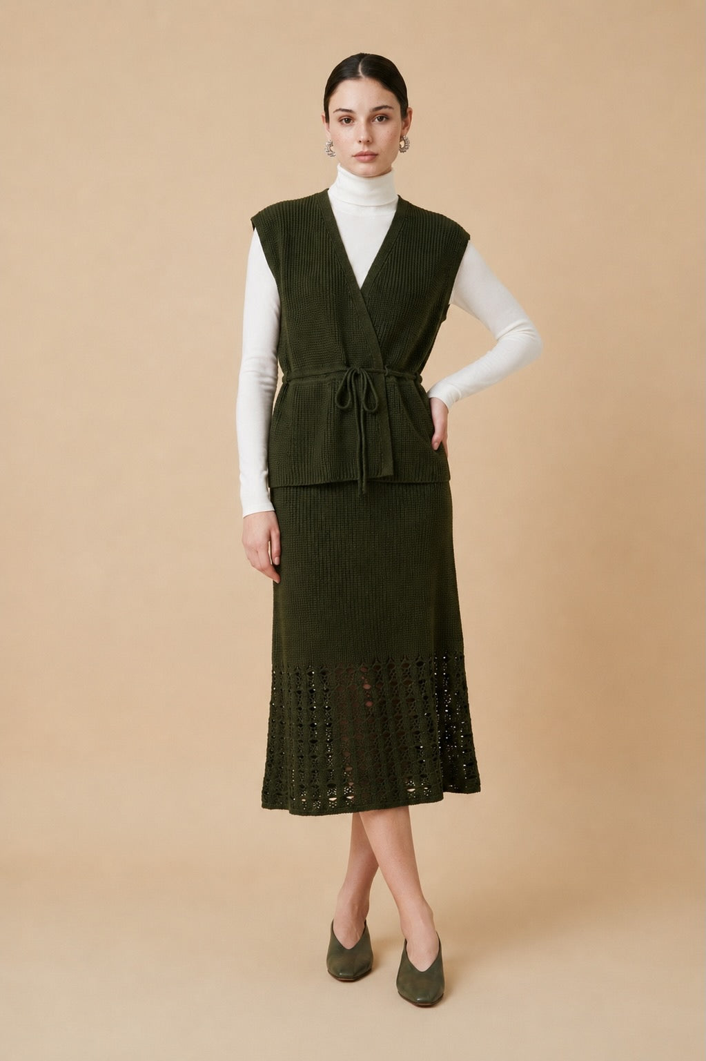 Aura Openwork Crochet Wrap Vest and Midi Skirt Set in Olive Green | Casa Maly