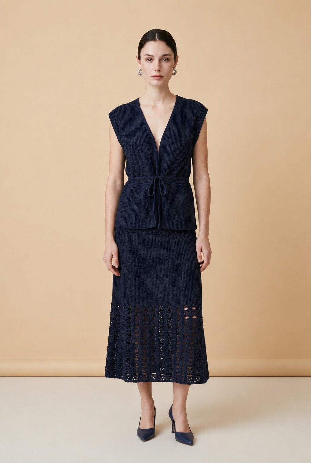 Aura Openwork Crochet Wrap Vest and Midi Skirt Set in Navy | Casa Maly
