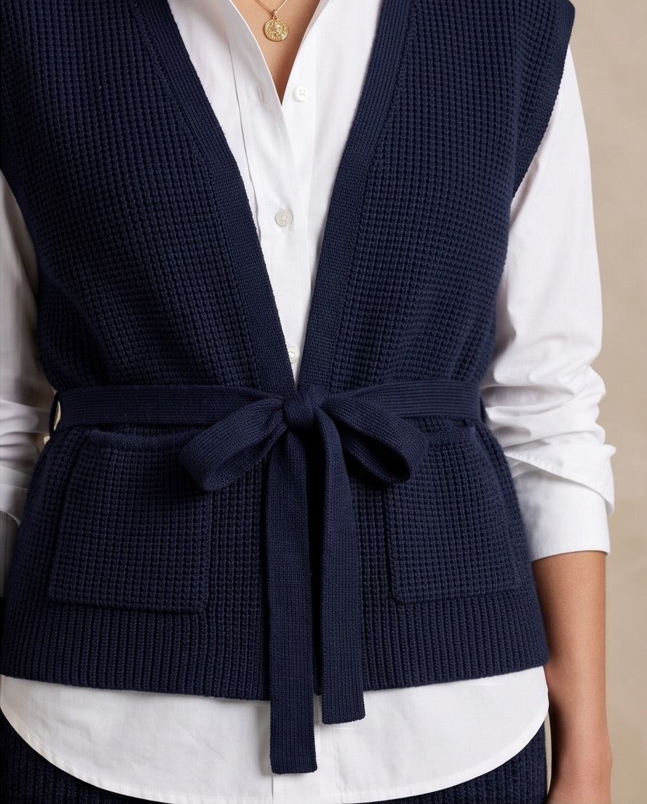 Aura Openwork Crochet Wrap Vest and Midi Skirt Set in Navy | Casa Maly