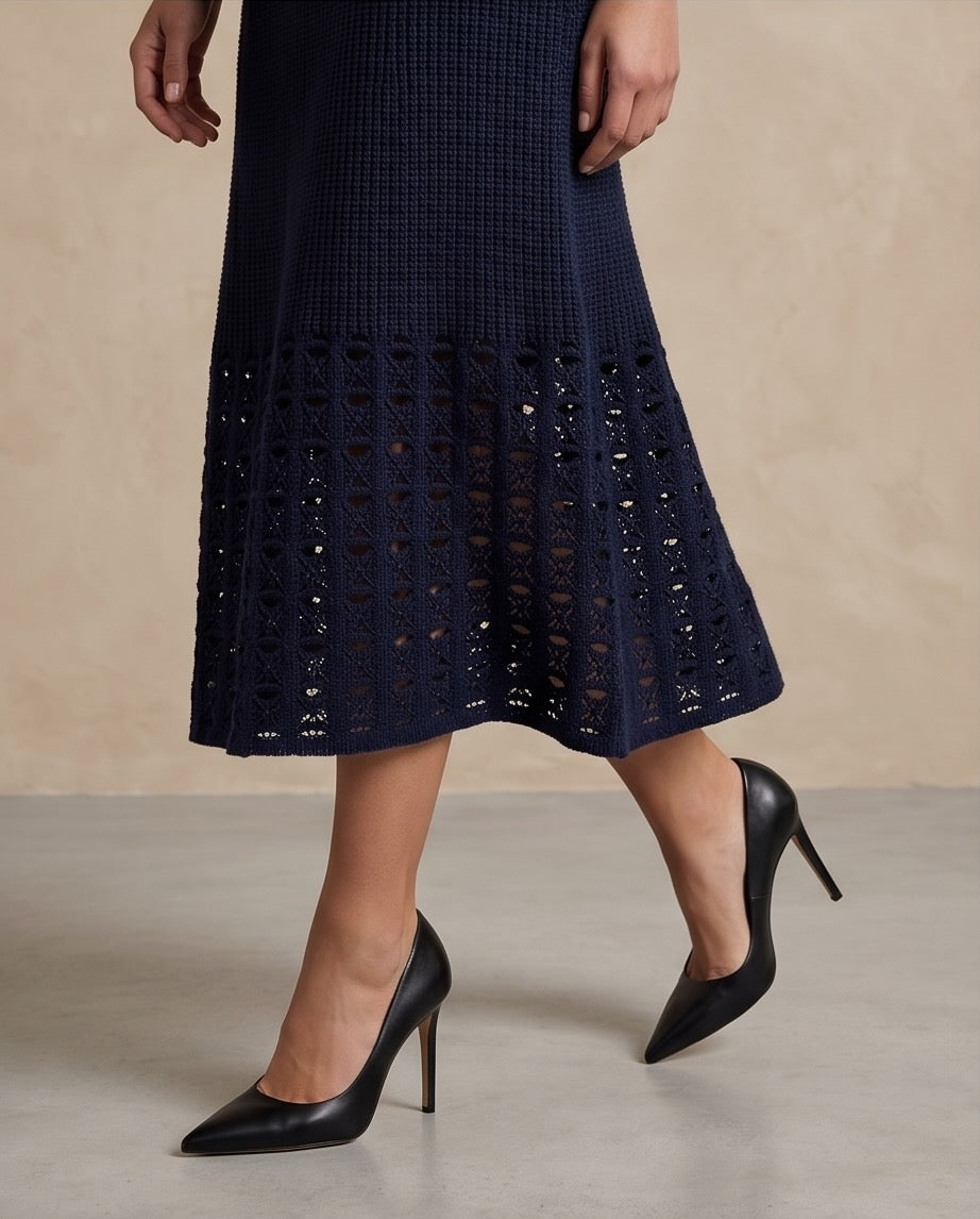 Aura Openwork Crochet Wrap Vest and Midi Skirt Set in Navy | Casa Maly