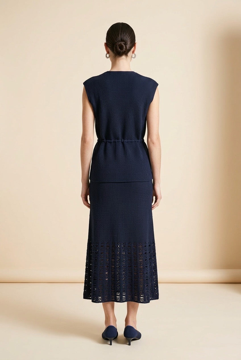 Aura Openwork Crochet Wrap Vest and Midi Skirt Set in Navy | Casa Maly