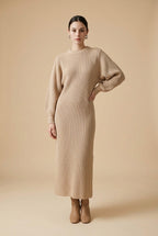 Luna Thick Ribbed Knit Bishop Sleeve Midi Sweater Dress in Beige | Casa Maly