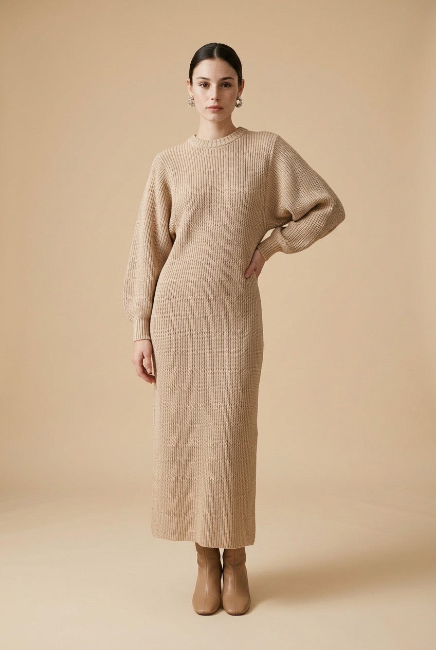 Luna Thick Ribbed Knit Bishop Sleeve Midi Sweater Dress in Beige | Casa Maly