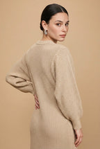 Luna Thick Ribbed Knit Bishop Sleeve Midi Sweater Dress in Beige | Casa Maly