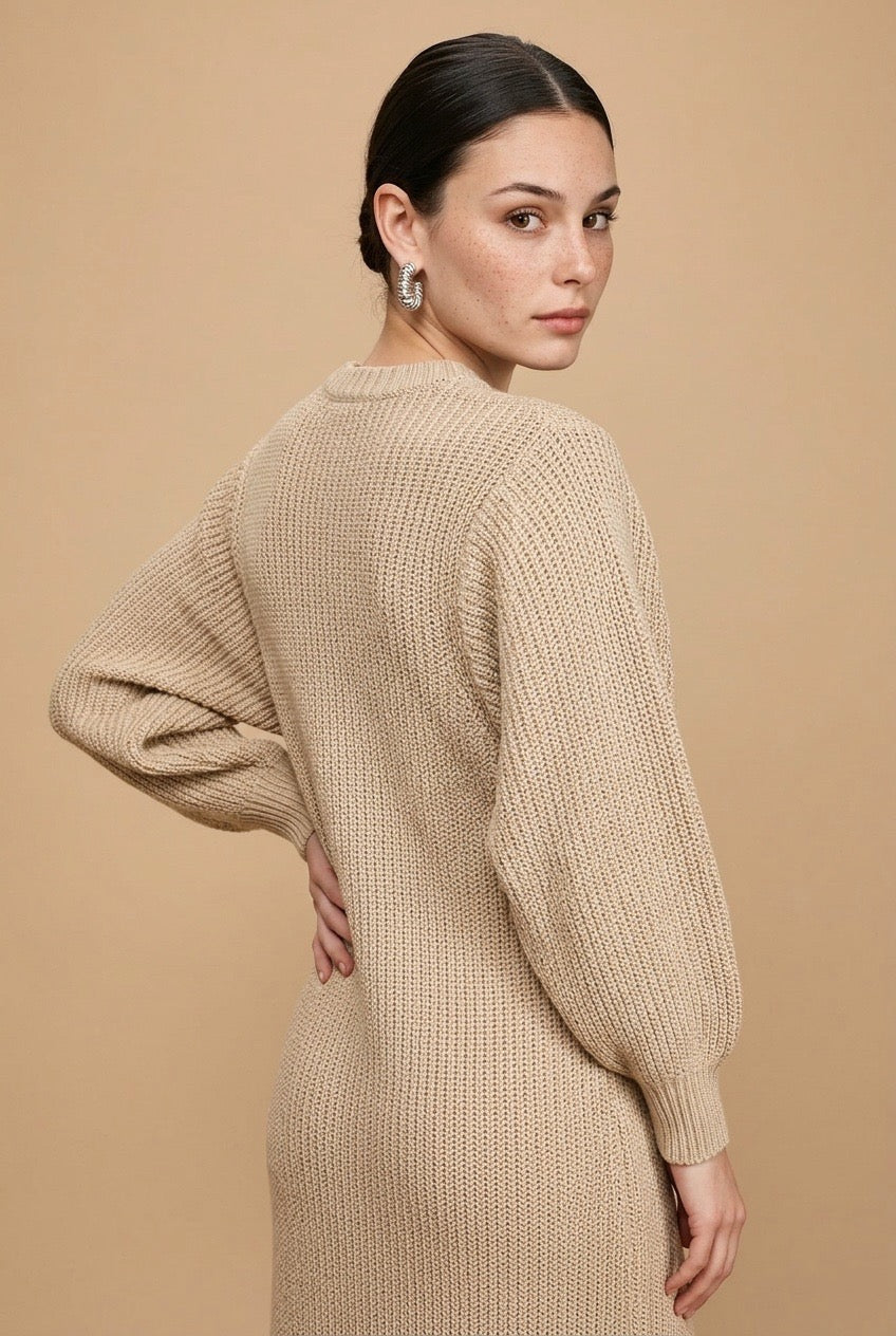Luna Thick Ribbed Knit Bishop Sleeve Midi Sweater Dress in Beige | Casa Maly