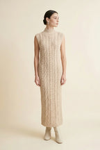 Maia Cable-Knit Mock Neck Sleeveless Maxi Dress with Bobble Details in Beige | Casa Maly