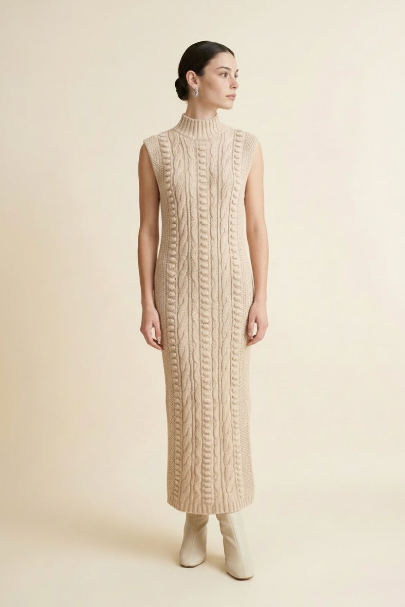 Maia Cable-Knit Mock Neck Sleeveless Maxi Dress with Bobble Details in Beige | Casa Maly