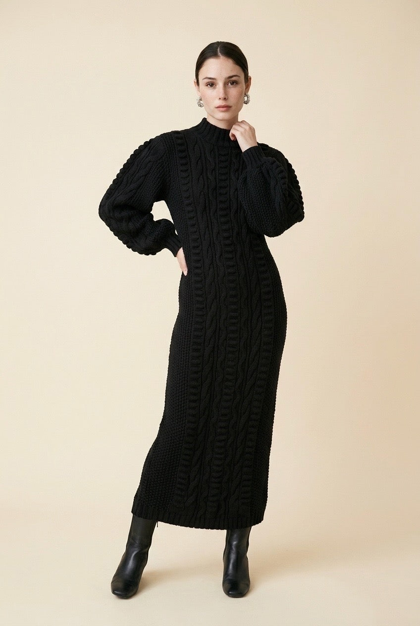 Maia Longo Long-Sleeve Knit Midi Dress in Black | Casa Maly