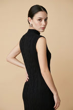 Maia Cable-Knit Mock Neck Sleeveless Maxi Dress with Bobble Details in Black | Casa Maly
