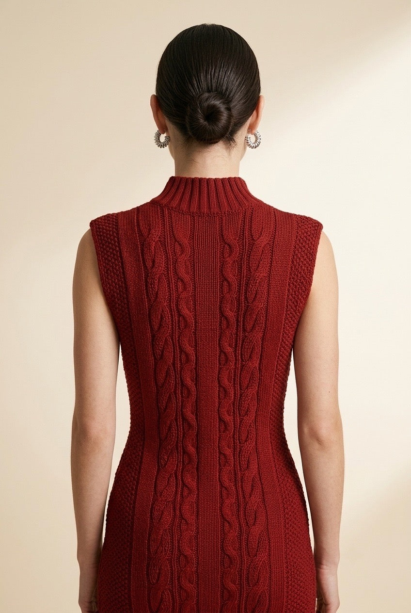 Maia Cable-Knit Mock Neck Sleeveless Maxi Dress with Bobble Details in Red | Casa Maly