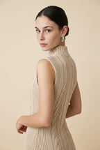 Maia Cable-Knit Mock Neck Sleeveless Maxi Dress with Bobble Details in Beige | Casa Maly