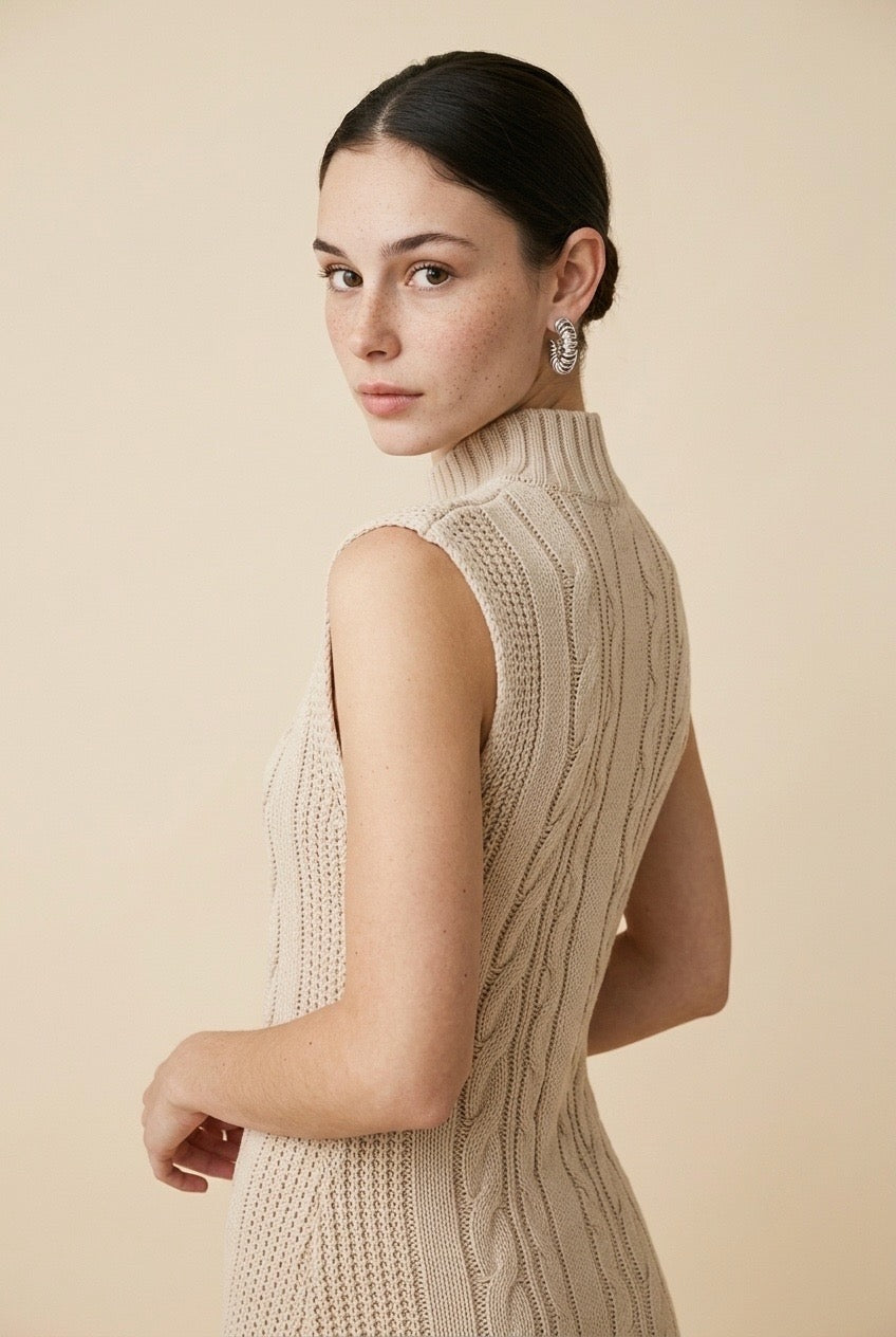 Maia Cable-Knit Mock Neck Sleeveless Maxi Dress with Bobble Details in Beige | Casa Maly