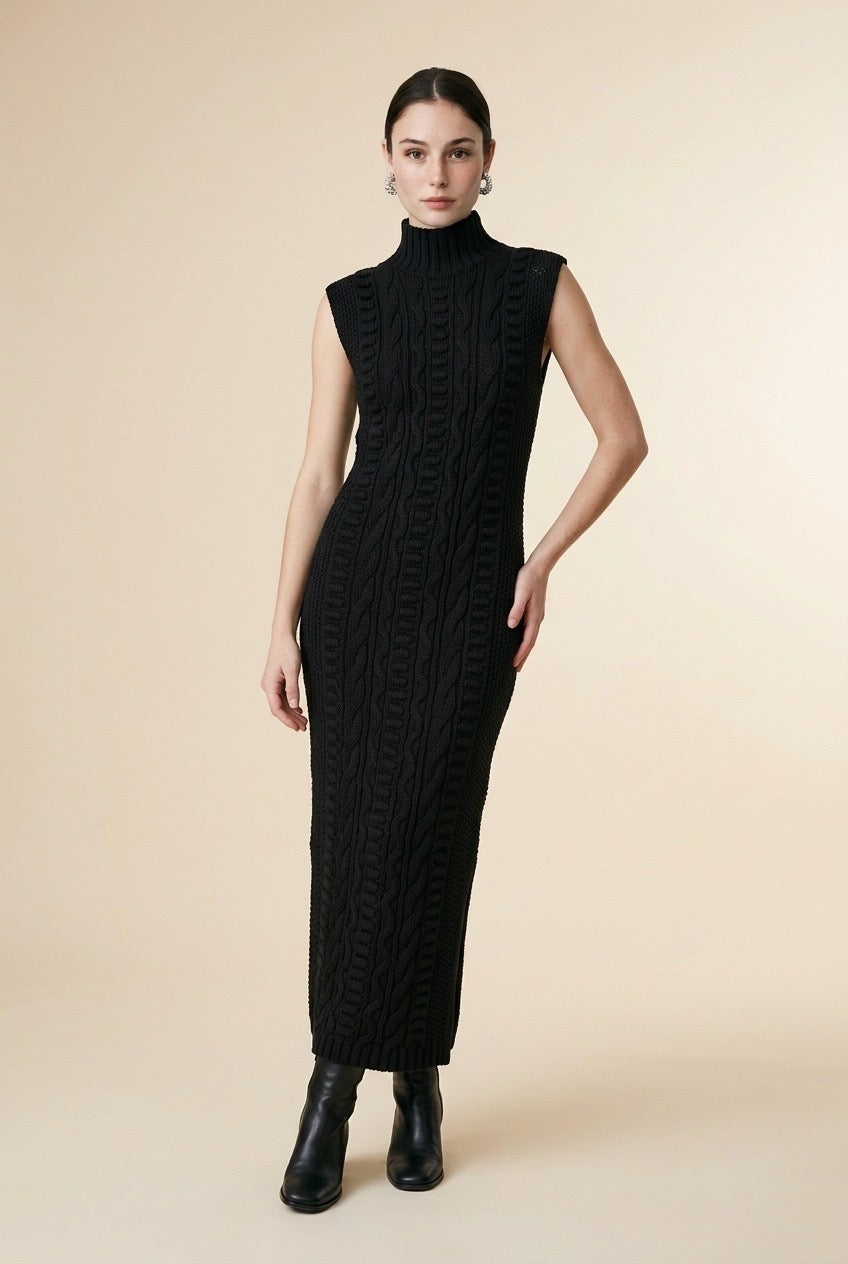 Maia Cable-Knit Mock Neck Sleeveless Maxi Dress with Bobble Details in Black | Casa Maly