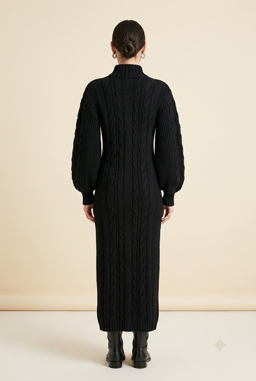 Maia Longo Long-Sleeve Knit Midi Dress in Black | Casa Maly