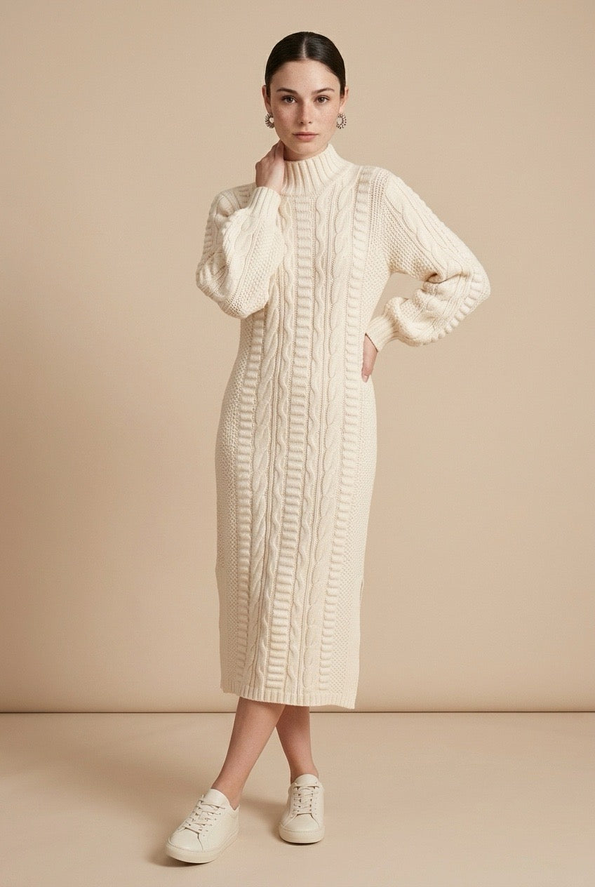 Maia Longo long-sleeve knit midi dress in off white featuring a round neckline and fitted silhouette