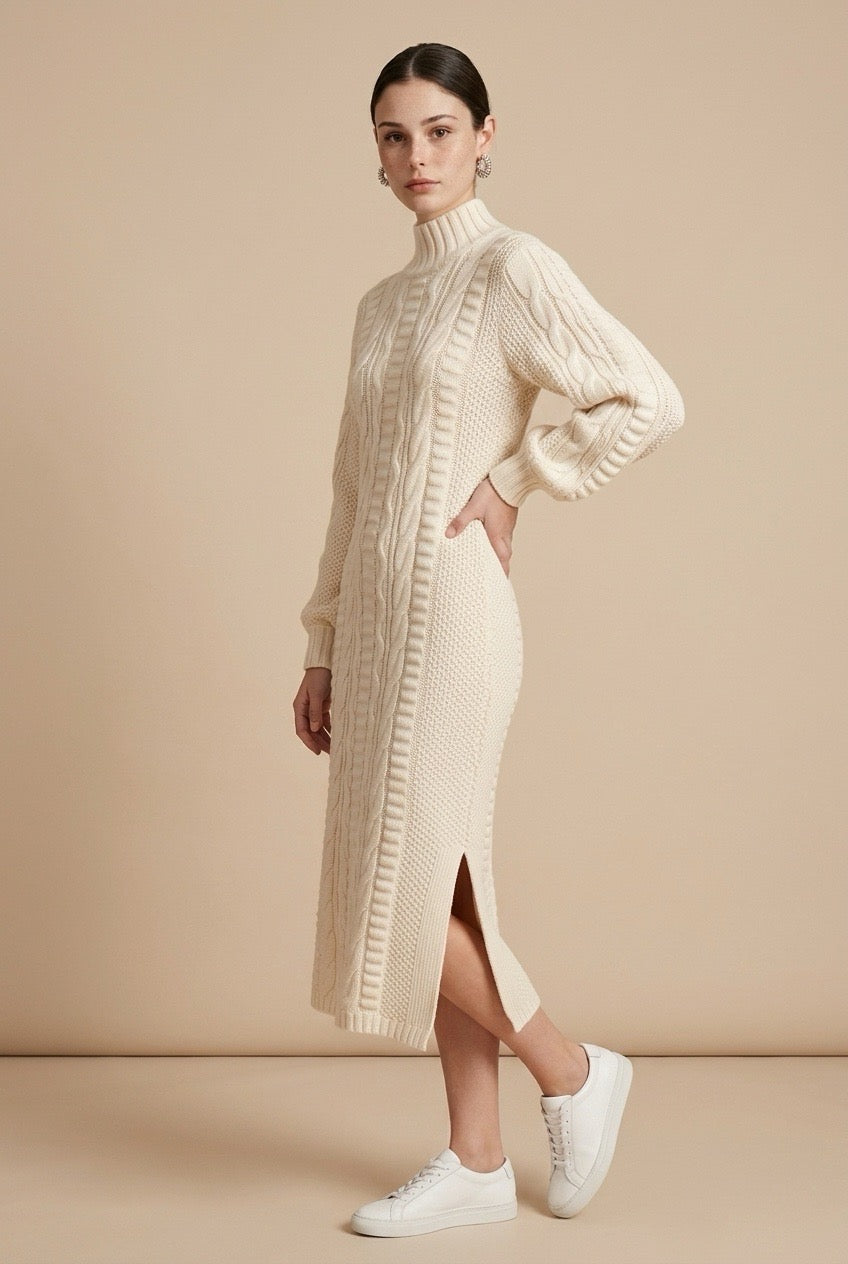 Maia Longo long-sleeve knit midi dress in off white featuring a round neckline and fitted silhouette