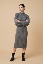Maia Longo long-sleeve knit midi dress in grey featuring a round neckline and fitted silhouette