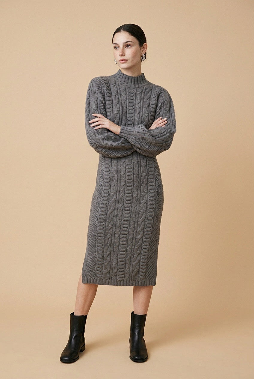 Maia Longo long-sleeve knit midi dress in grey featuring a round neckline and fitted silhouette